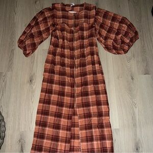 ASOS Plaid Midi Dress Orange Brown Size 10 | Puff Sleeve, Zip Front
